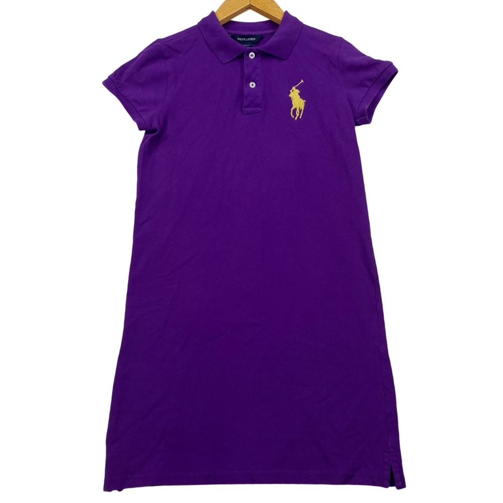 Ralph Lauren Polo Dress Girls XL 16 Purple Gold Big Pony Short‎ Sleeve Cotton